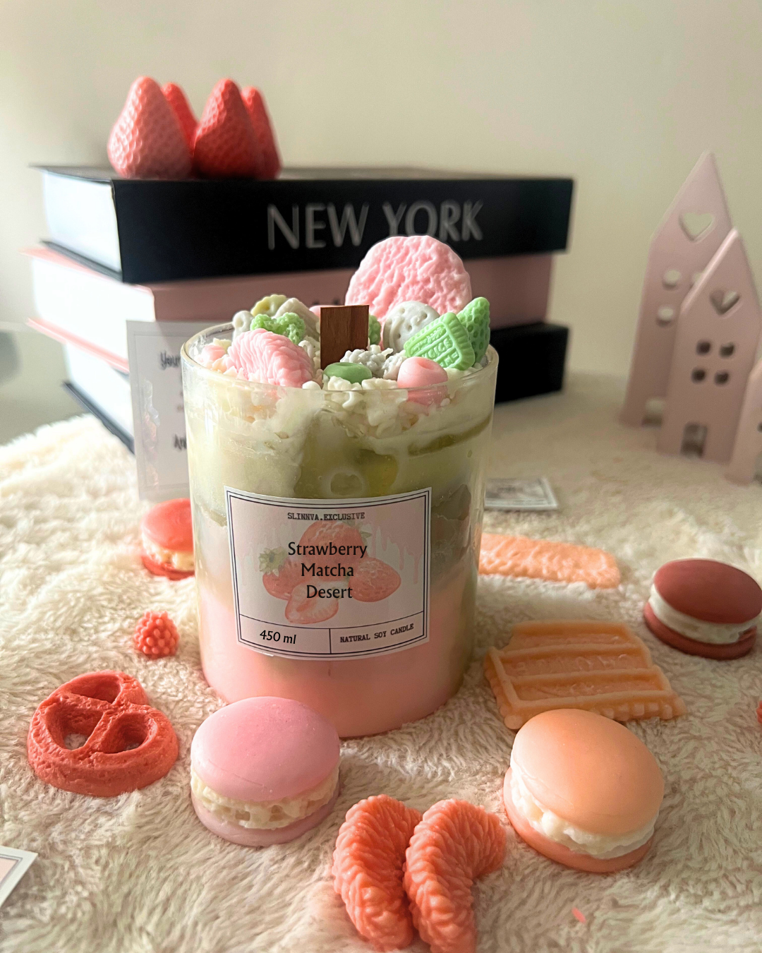 Strawberry Matcha whipped cream dessert candle