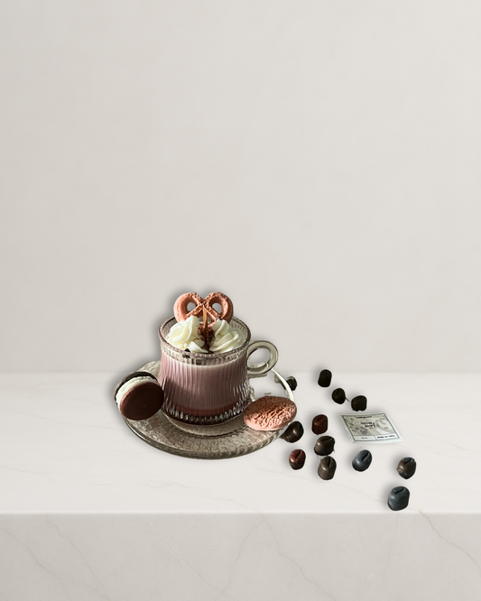 Main: Coffee Treat Pretzel soy candle in glass cup with whipped cream and pretzel detail

Top view: Dessert candle with wax whipped cream and chocolate pretzels

Side view burning: Handmade coffee dessert soy candle burning clean

Cup & saucer: Reusable glass cup and saucer from dessert candle

Lifestyle: Cozy coffee table décor with dessert-style soy candle
