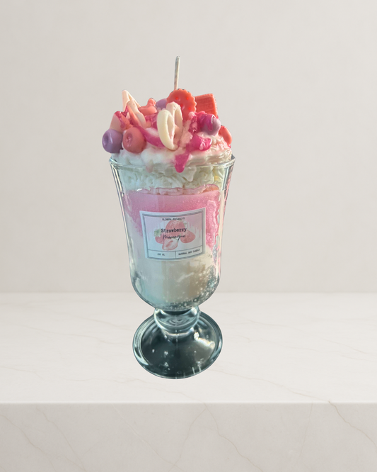 Main: Strawberry meringue dessert soy candle in reusable glass with whipped cream details

Top view: Dessert candle with wax whipped cream and strawberry accents

Side view: Hand-poured strawberry soy candle in luxury glass

Burning: Clean-burning strawberry dessert soy candle—long burn time

Lifestyle: Strawberry dessert-style soy candle as cozy home décor centerpiece